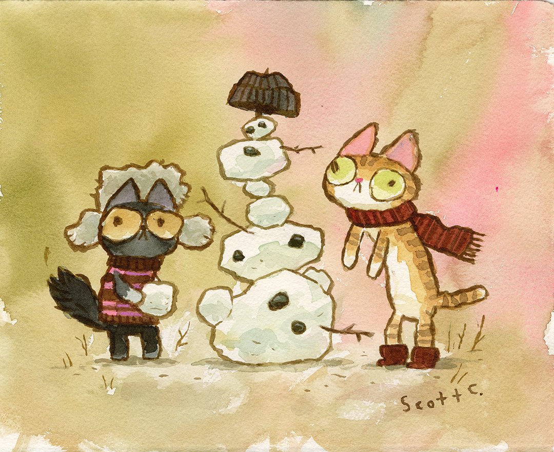 Two cartoon animals—a black dog and an orange cat in winter outfits—stand by a lumpy snowman with stick arms, button eyes, and a hat. The scene by Scott C. radiates cozy charm, reminiscent of watercolor art.