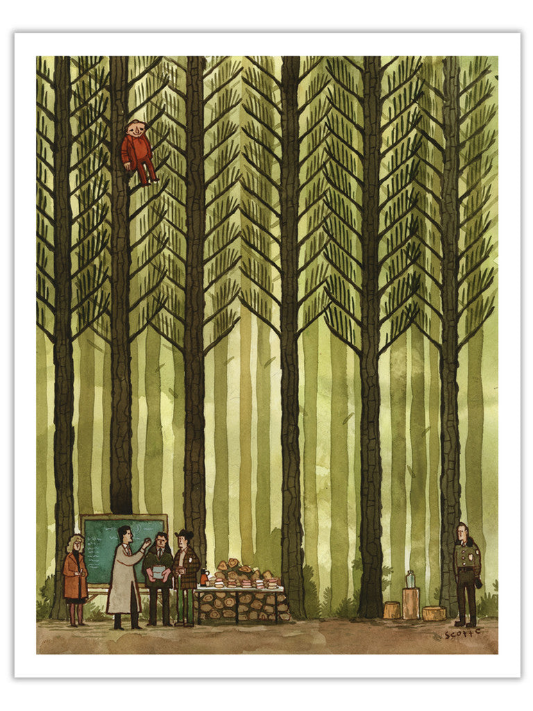 A group gathers around a table of baked goods in a forest of tall trees; one person in red sits high in a tree, another stands by a stump. Open Edition art print by Scott C., signed by the artist.