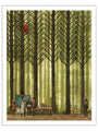 A group gathers around a table of baked goods in a forest of tall trees; one person in red sits high in a tree, another stands by a stump. Open Edition art print by Scott C., signed by the artist.