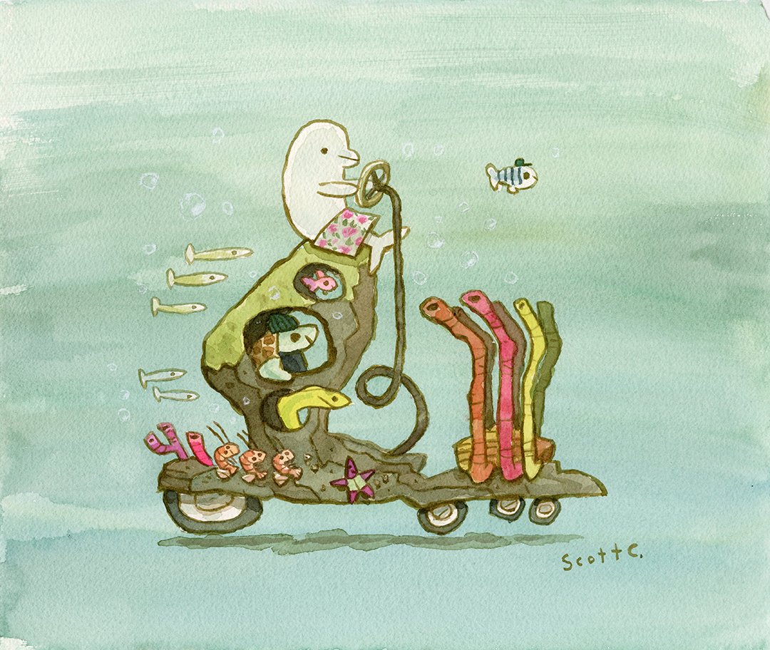 A whimsical Coral Car driven by a smiling white figure, surrounded by sea creatures, corals, plants, and fish in a dreamy blue-green world. Art by Scott C.
