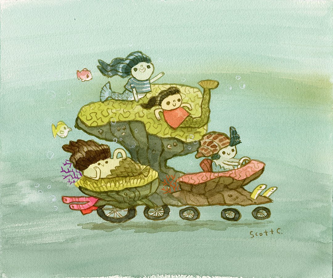 Playful, imaginative illustration of mermaids riding seashell Coral Cars with wheels underwater, inspired by Scott C., featuring colorful fish swimming around.