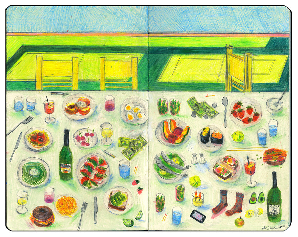 open face Moleskine notebook with a lush tablescape full of different foods and beverages by artist Maggie Cowles