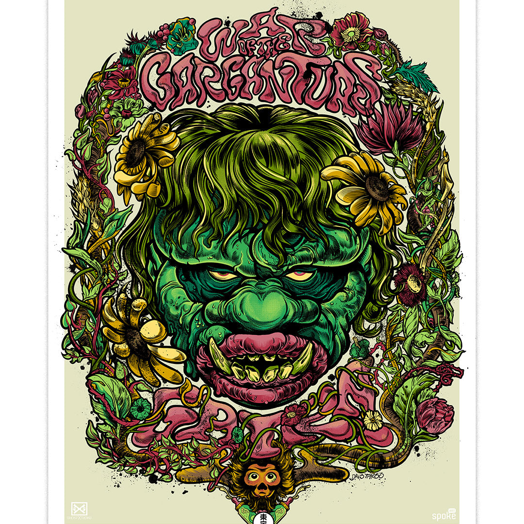 Digital drawing of a monster Gaira with green slimy skin with large bowels and green stringy hair with two yellow flowers in their hair. They have large green teeth and large pink lips. The head of the monster is surrounded by a rung of pink, yellow and green flowers with the words "War of the Garanturs" above and "Gaira" below. The drawing has a white border