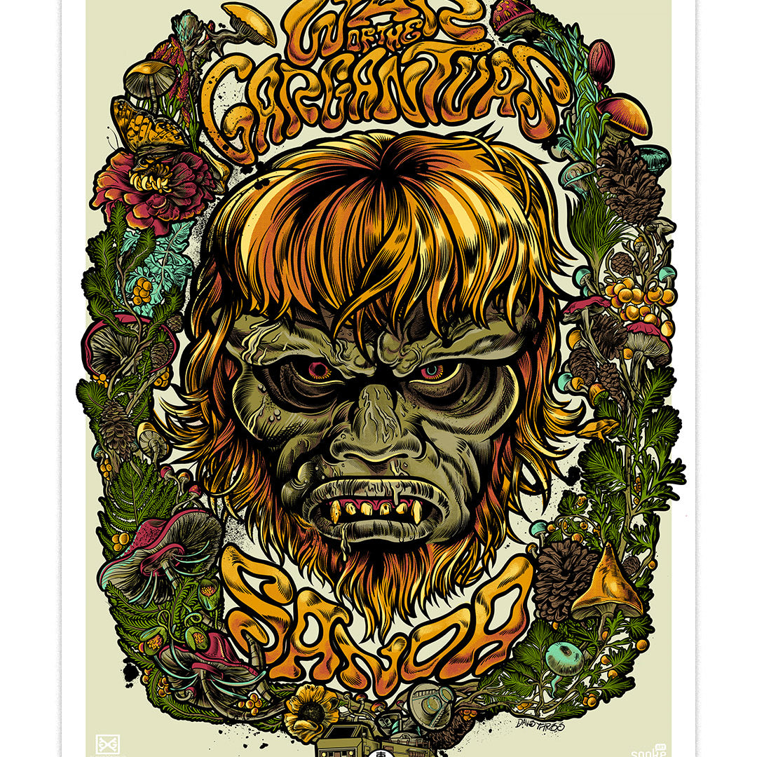 Digital drawing of a monster with long golden brown hair and beard. The monsters face is grayish green and he has red eyes. Surrounded the head of the monster is various mushrooms, pinecones, leaves and shrubs. In yellow writing above the head are the words "War of the Garganturs" and below is "Sanda". The drawing has a white border