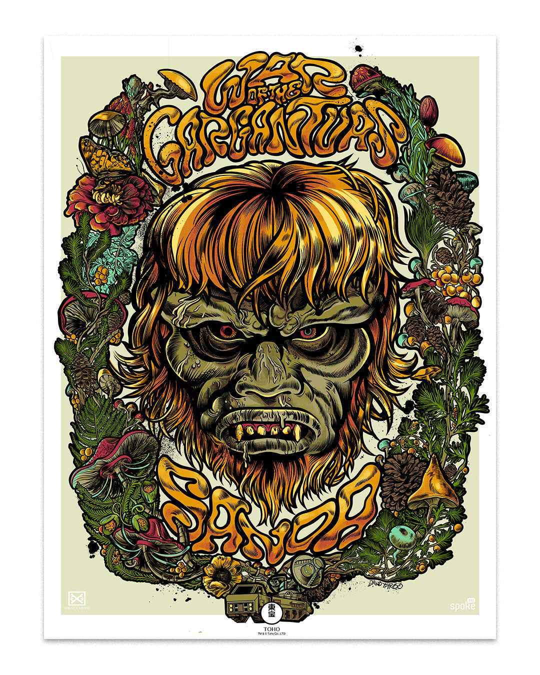 Digital drawing of a monster with long golden brown hair and beard. The monsters face is grayish green and he has red eyes. Surrounded the head of the monster is various mushrooms, pinecones, leaves and shrubs. In yellow writing above the head are the words "War of the Garganturs" and below is "Sanda". The drawing has a white border