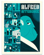 Dave Perillo’s screen print poster features Alfred Hitchcock’s face in teal, blue, and cream with comic-style panels of iconic scenes. Made for Spoke Art's 15th Anniversary Show, it displays "Alfred Hitchcock" at the top.
