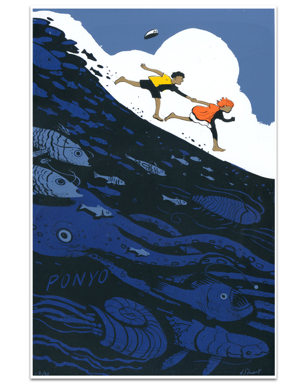 Two children run hand-in-hand up a steep wave as large fish swim below in deep blue water. "Ponyo" appears among them in this whimsical, illustrated Dean Stuart style, inspired by his screen print for Spoke Art’s 15th Anniversary. Brand: Dean Stuart.