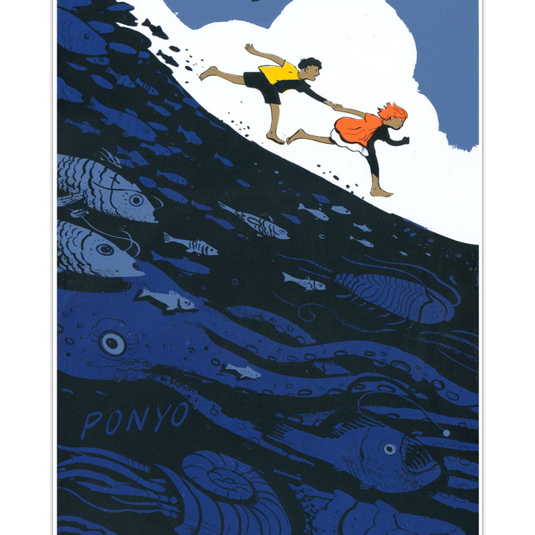 Two children run barefoot atop a wave, with many large fish and sea creatures below in deep blue water—a magical Age of Fishes art scene by Dean Stuart. The word PONYO appears underwater among the marine life.