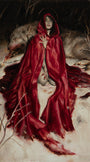 A woman in a red cloak sits on snow, blood on her hands and legs. A large wolf with a red-stained mouth lies behind her. Inspired by Karla Ortiz and released by Spoke Art, this dramatic, mysterious scene echoes an eerie oil painting.