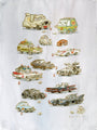 A whimsical Scott C. watercolor features famous driving machines like the Batmobile, Mystery Machine, and DeLorean with cute faces, sharing pizza and fast food together in four delightful rows.