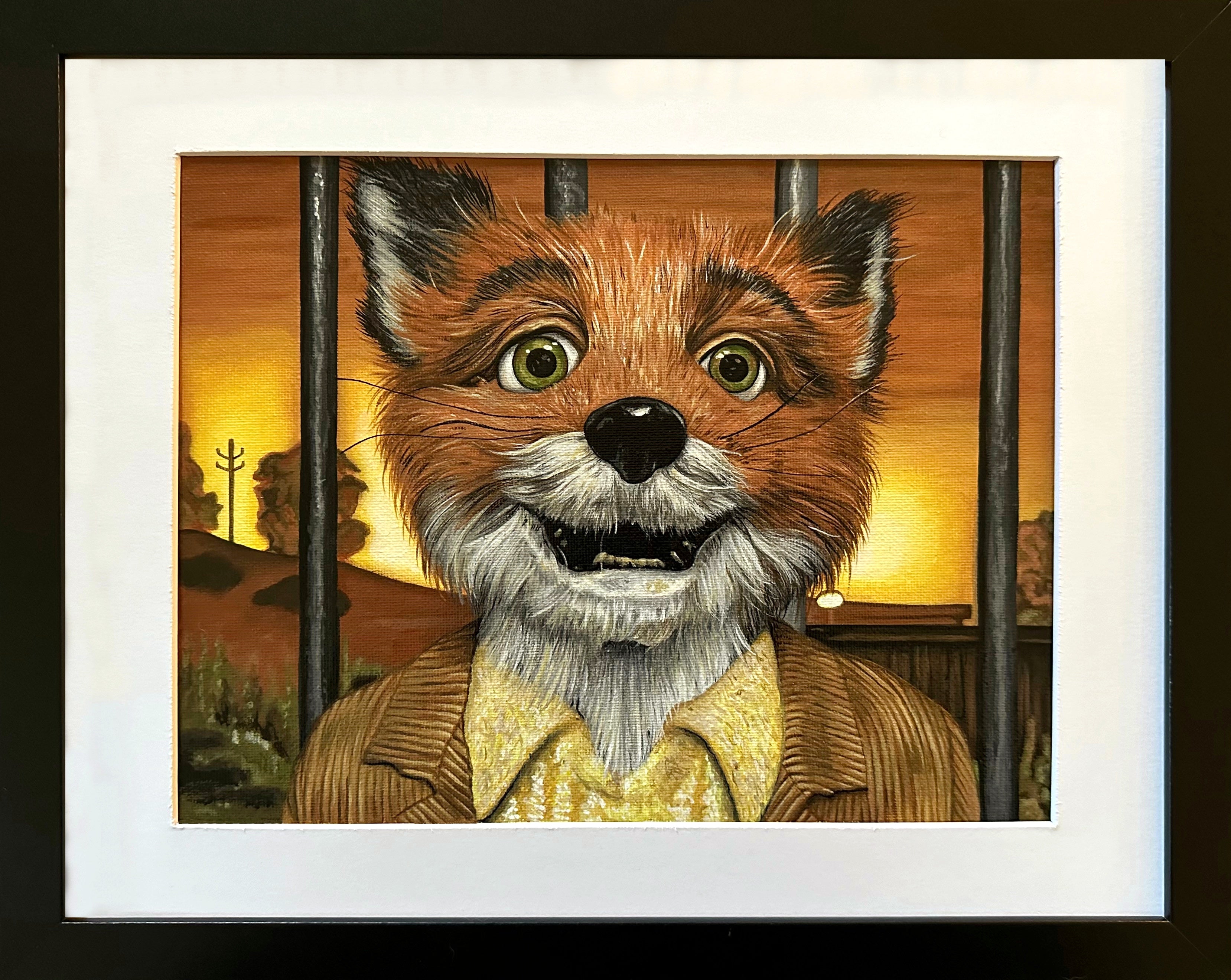 Discover an enchanting artwork by Harmony Deimling: a fox in human attire, set against a warm sunset background. Painted with acrylic on canvas paper, the foxs wide eyes and friendly expression bring Pure Wild Animal Craziness to this beautifully bordered display.