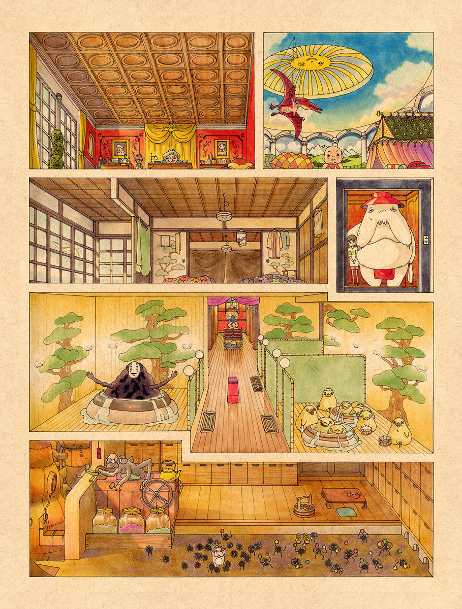A detailed cross-section art print by Spoke Art depicts a whimsical, multi-level bathhouse inspired by Spirited Away, featuring traditional décor and beloved Studio Ghibli characters like No-Face and Totoro.