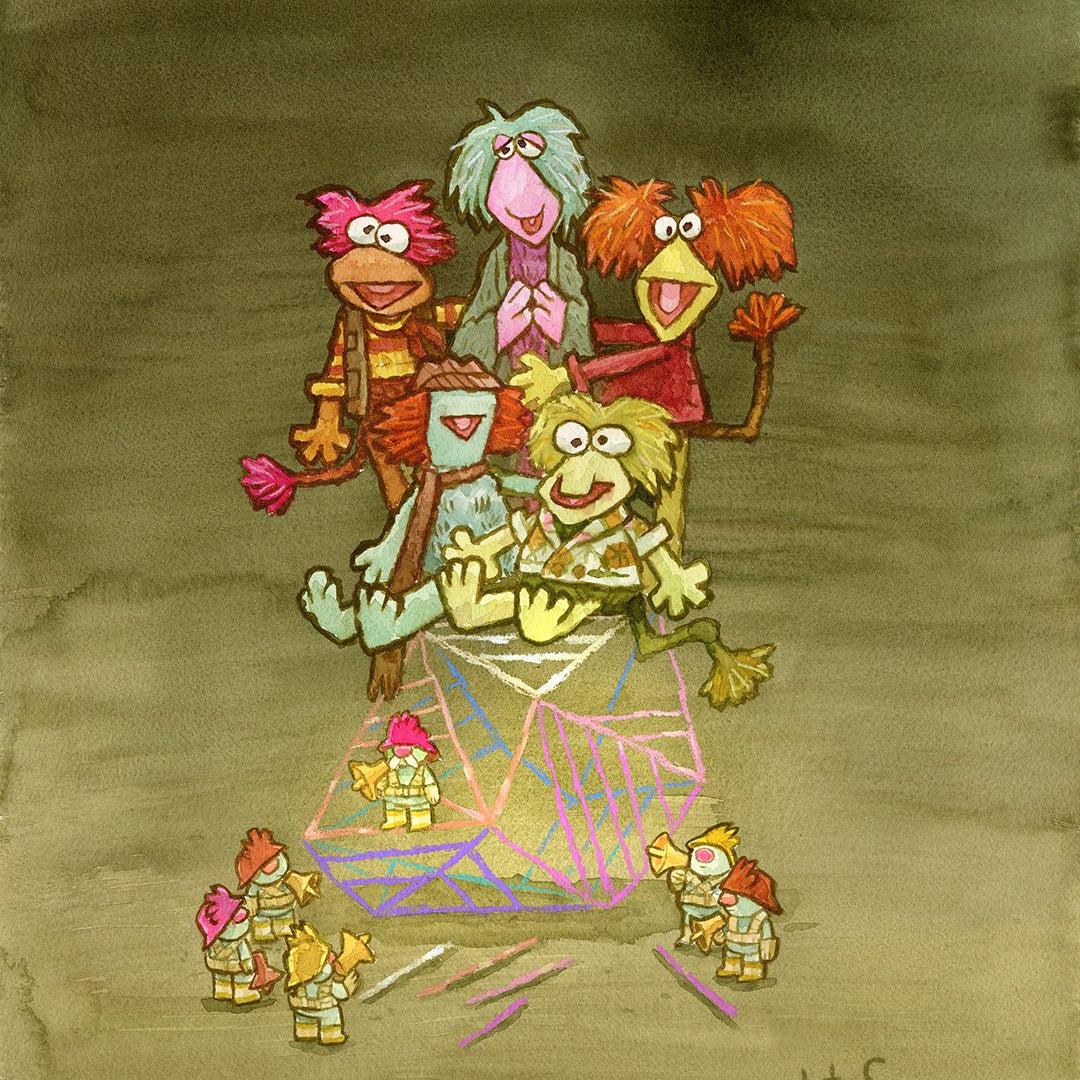 A group of colorful, puppet-like creatures form a pyramid atop a large crystal, smiling. Tiny helmeted figures from Scott C. surround the crystal below, gazing up. The background is a muted brown shade.