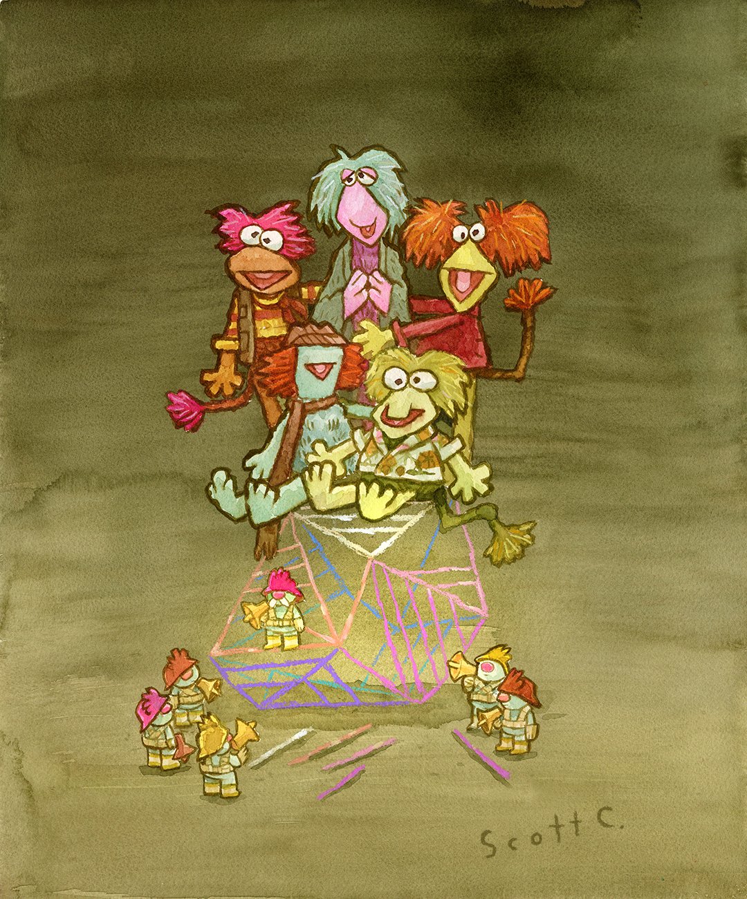 A group of colorful, puppet-like creatures form a pyramid atop a large crystal, smiling. Tiny helmeted figures from Scott C. surround the crystal below, gazing up. The background is a muted brown shade.