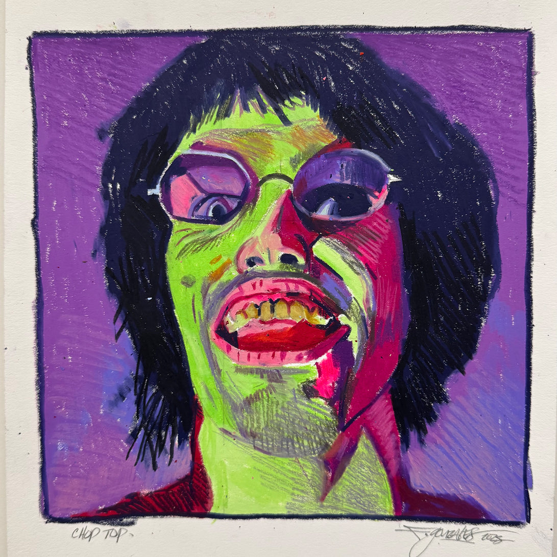 A vibrant Spoke Art portrait inspired by Frank Gonzales depicts a person with shaggy dark hair, round glasses, and big teeth. Bold green, pink, and purple hues pop against a purple background for the Spoke Art Anniversary Show.