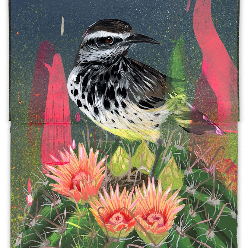 Painting in an open face Moleskine notebook of a spotted white black and brown bird perched on a barrel cactus with pink flowers by artist Frank Gonzales