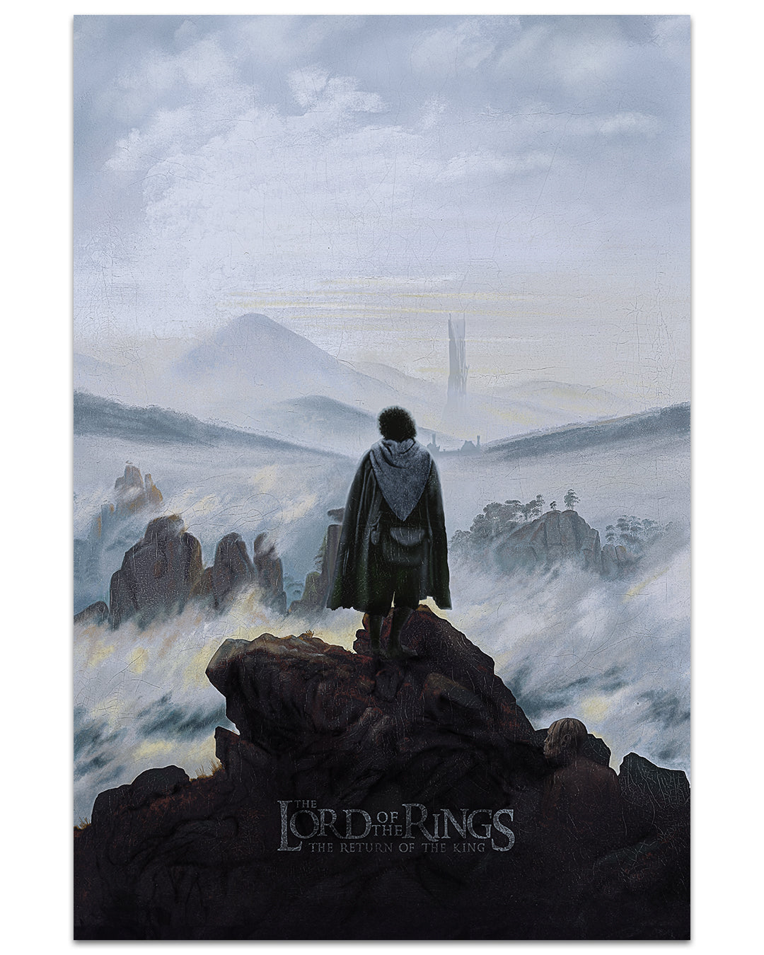 A lone figure in a cloak stands on a rocky outcrop, gazing at distant towers through mist, creating a scene reminiscent of The Lord of the Rings. This dramatic moment is captured by Garbhán Grant as an archival pigment print in a special hand-numbered edition.