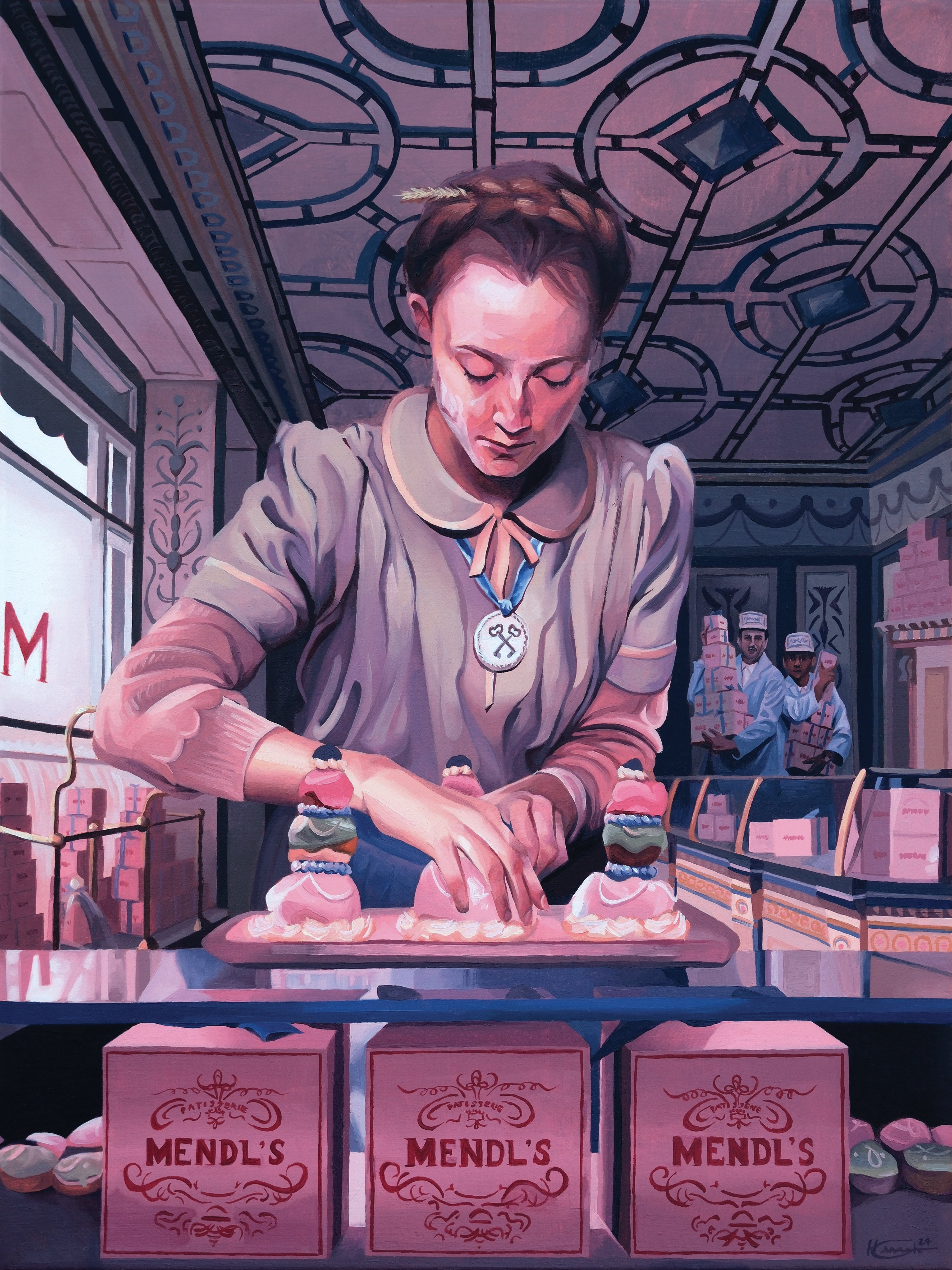 At a pastel-themed bakery, a woman assembles ornate pastries behind the counter. Wearing a light blouse and necklace from Hannah Gillingham, she works beside boxes labeled Mendls. The decor resembles an oil on canvas masterpiece with intricate ceiling patterns.