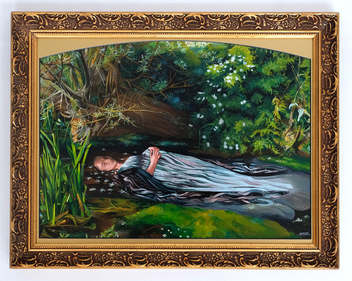 A Spoke Art framed oil on canvas features a woman in a long dress lying in a pond, surrounded by lush greenery—evoking the iconic Ophelia scene from Shakespeare’s Hamlet; classic Hannah Gillingham artistry.
