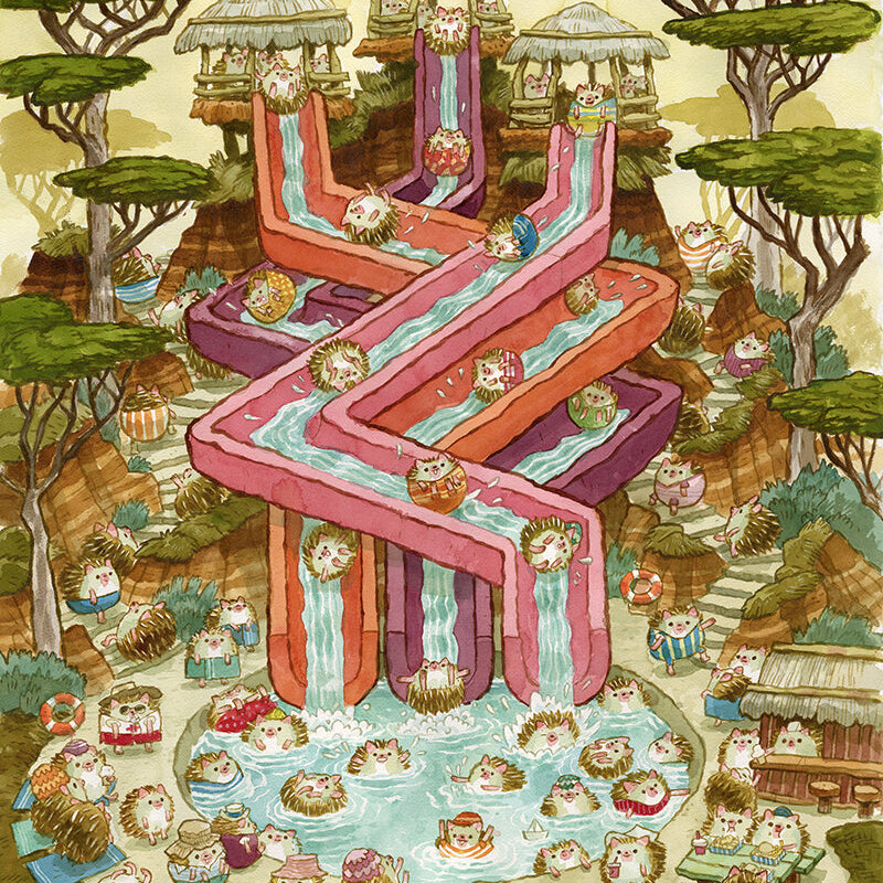 Scott C. presents a whimsical watercolor featuring cat-like creatures and a Hedgehog Waterpark, where they enjoy waterslides, pools, charming huts, waterfalls, and playful activities amid tree-filled scenery.