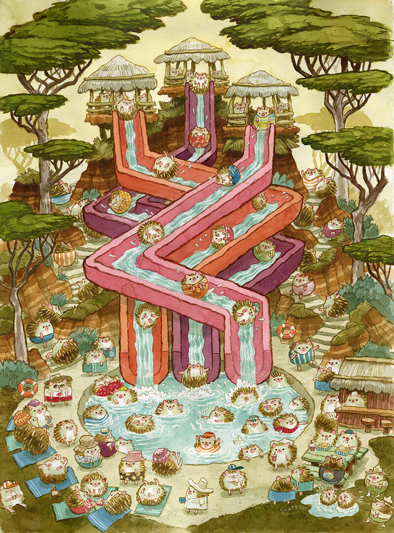 Scott C. presents a whimsical watercolor featuring cat-like creatures and a Hedgehog Waterpark, where they enjoy waterslides, pools, charming huts, waterfalls, and playful activities amid tree-filled scenery.