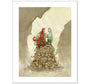 Two comic-style characters, one red and one blue, stand on a pile of skulls in this signed and numbered artwork titled Friends Upon a Mound by Scott C., featuring a smoky background and beam of light. Brand: Scott C.