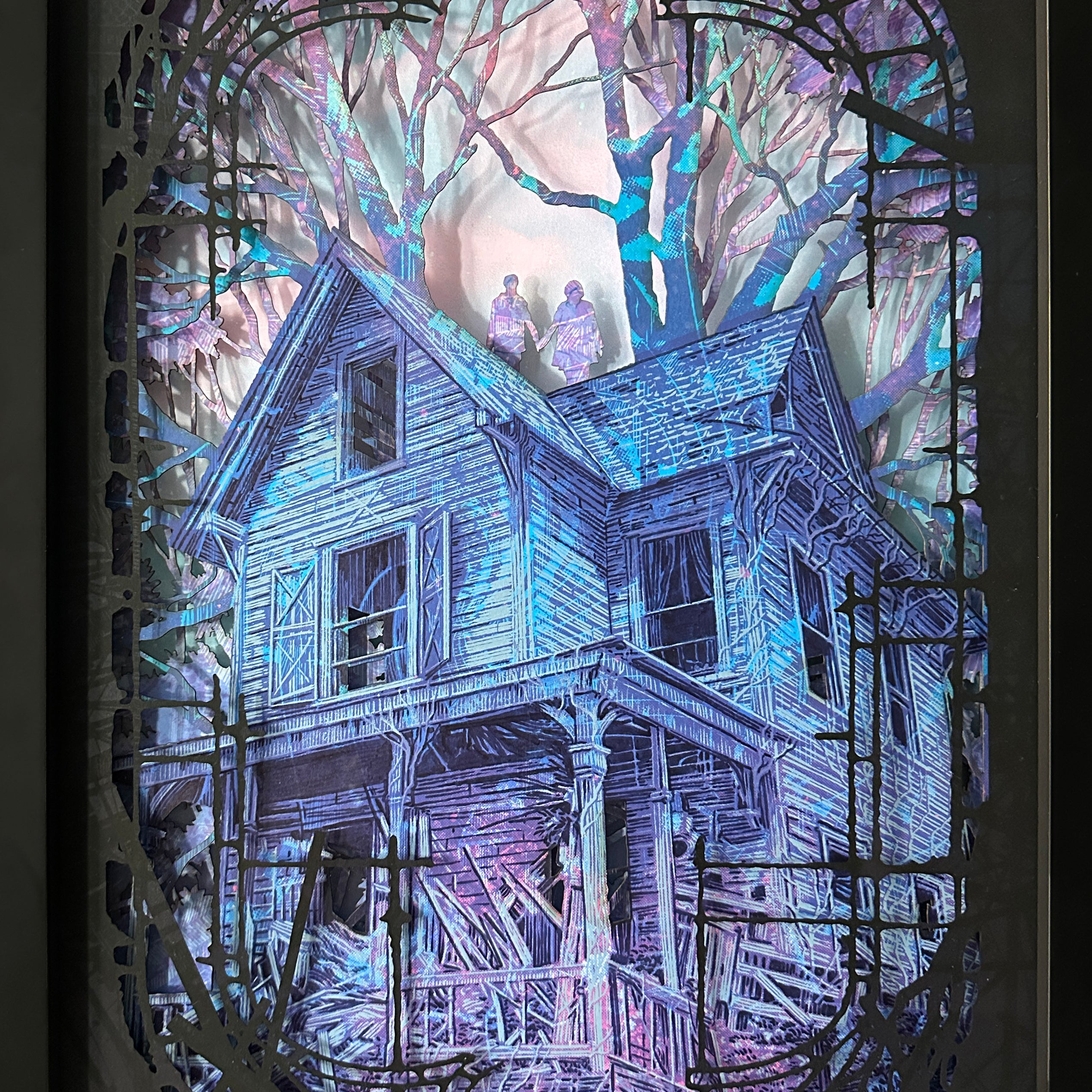 A colorful, shadowy illustration in Daniel Danger's style for Spoke Art shows a rundown two-story house with broken porch and windows amid leafless trees. Two silhouetted figures stand on the roof beneath glowing, swirling light.