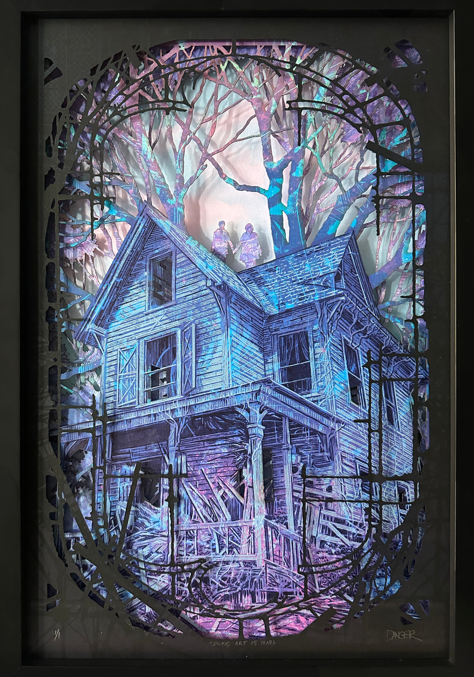 A colorful, shadowy illustration in Daniel Danger's style for Spoke Art shows a rundown two-story house with broken porch and windows amid leafless trees. Two silhouetted figures stand on the roof beneath glowing, swirling light.