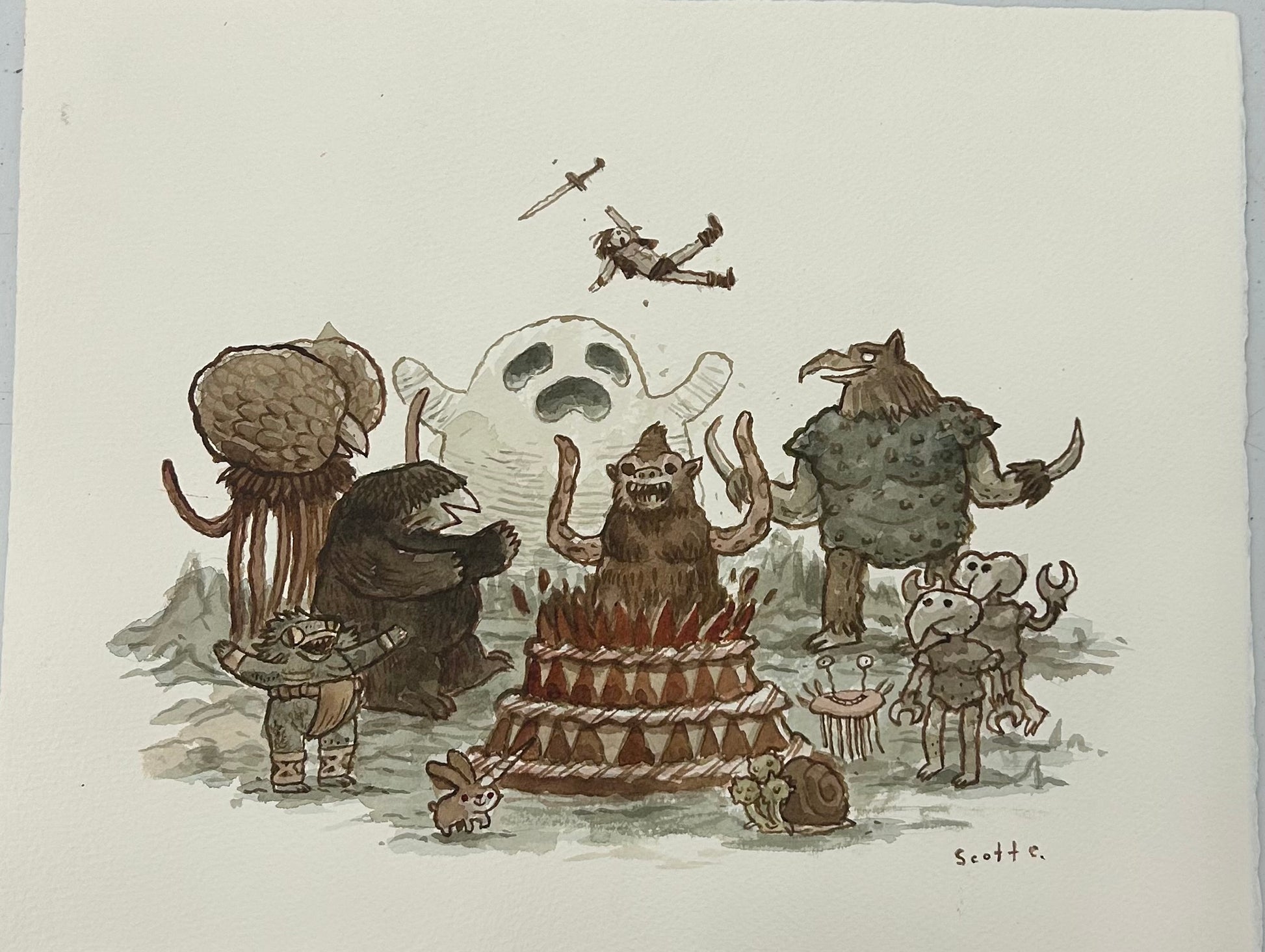 A whimsical group of monsters surrounds a big cake in Scott C. style. In this watercolor, Dungeon Surprise strikes as a sword-wielding figure falls, startling a ghost and nearby creatures. Brand: Scott C.