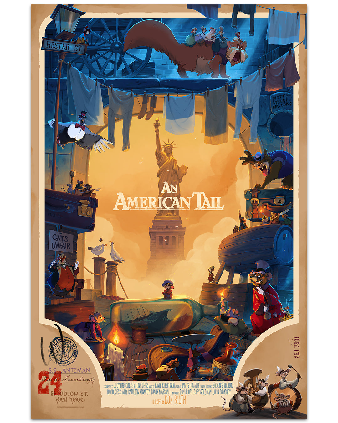 Izzy Burtons vivid archival pigment print poster for An American Tail features anthropomorphic mice in a lively city, showcasing the Statue of Liberty and overhead laundry. Hand-numbered with intricate details, it portrays mice interacting with diverse urban elements.