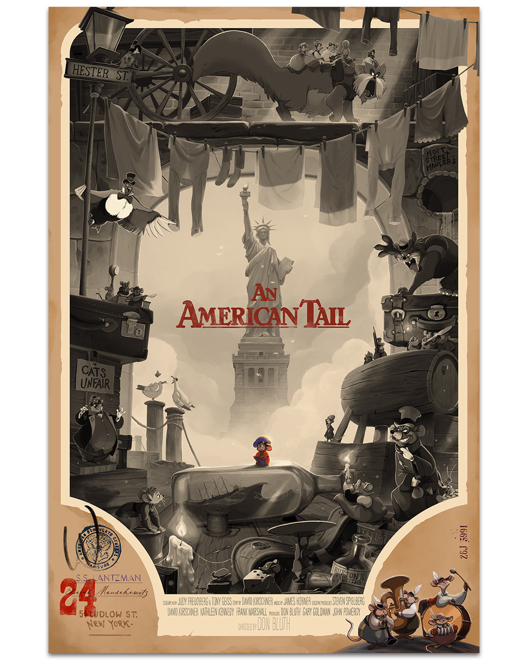 Izzy Burtons archival pigment print of a vintage An American Tail movie poster features a small mouse in a red hat amidst a city scene, with the Statue of Liberty in the background. This hand-numbered piece has torn edges and sepia tones, evoking nostalgia with its old photograph charm.