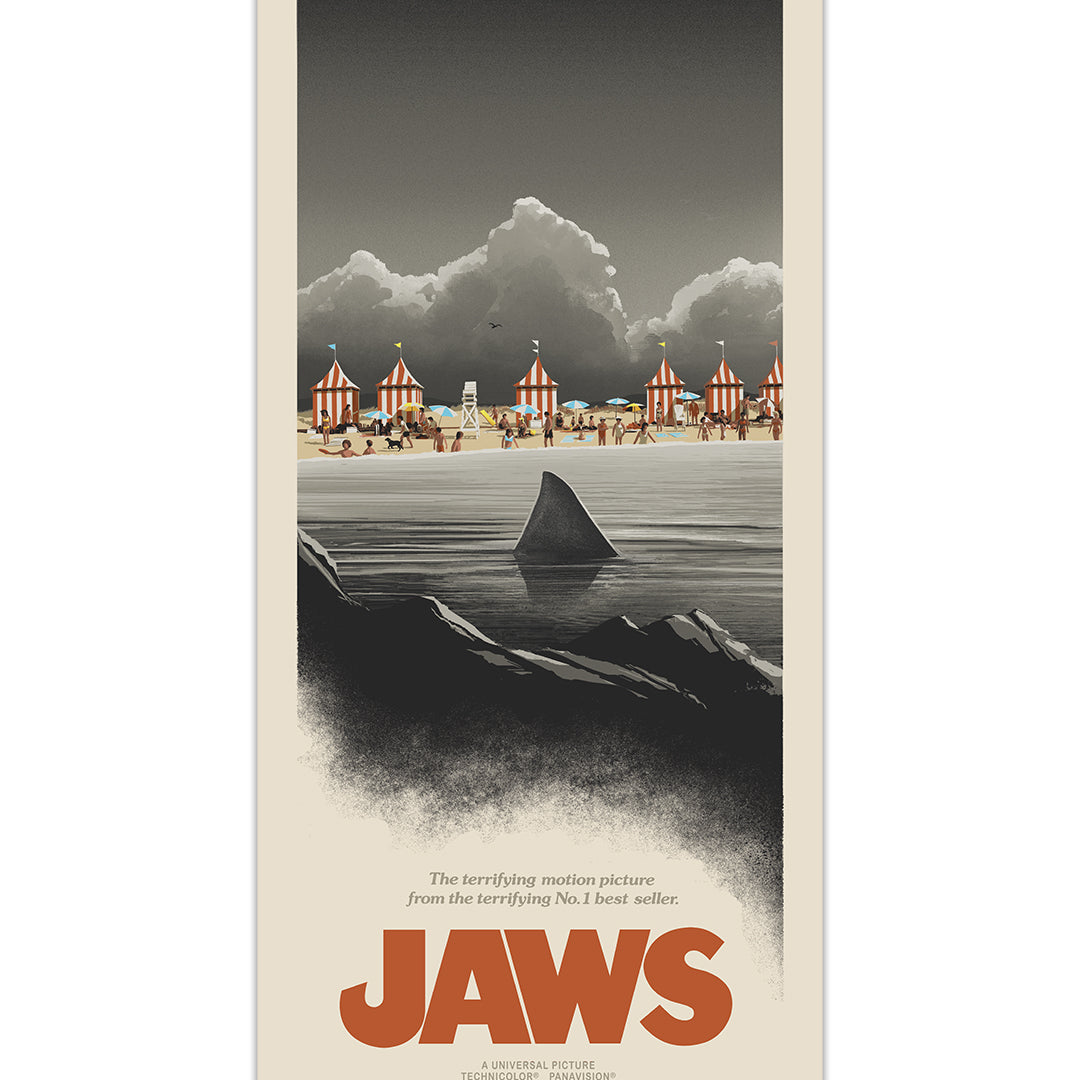 JC Richard's stylized screen print for Jaws 50th Anniversary features a shark fin in dark water with a vibrant beach town and swimmers behind, and the bold title "JAWS" displayed at the bottom.
