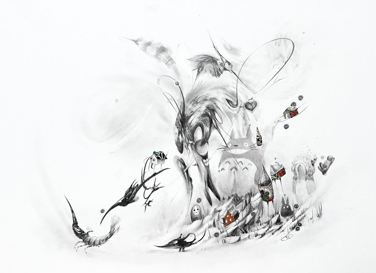 A whimsical Spoke Art black-and-white graphite illustration features surreal creatures and animals with cartoonish expressions. Pops of color accent small objects, creating a playful scene reminiscent of My Neighbor Totoro.