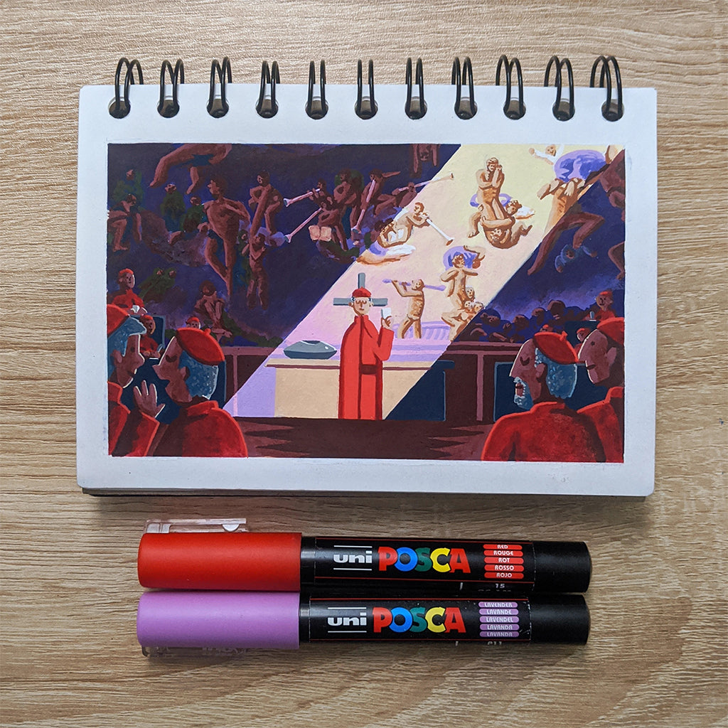 A James Chapman spiral sketchbook displays a vivid drawing inspired by Michelangelos The Last Judgment, with purple and red Uni Posca markers resting on a wooden surface, embodying the creativity set for Conclave 2024.