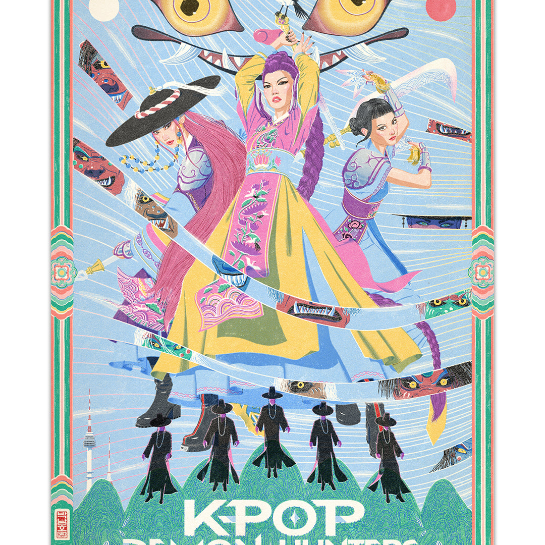 A vibrant screen print poster by Jason Raish shows three fierce Mudang Demon Hunters in colorful Korean and K-pop attire with weapons beneath watchful yellow eyes. Shadowy figures loom, with bold text: KPOP DEMON HUNTERS.