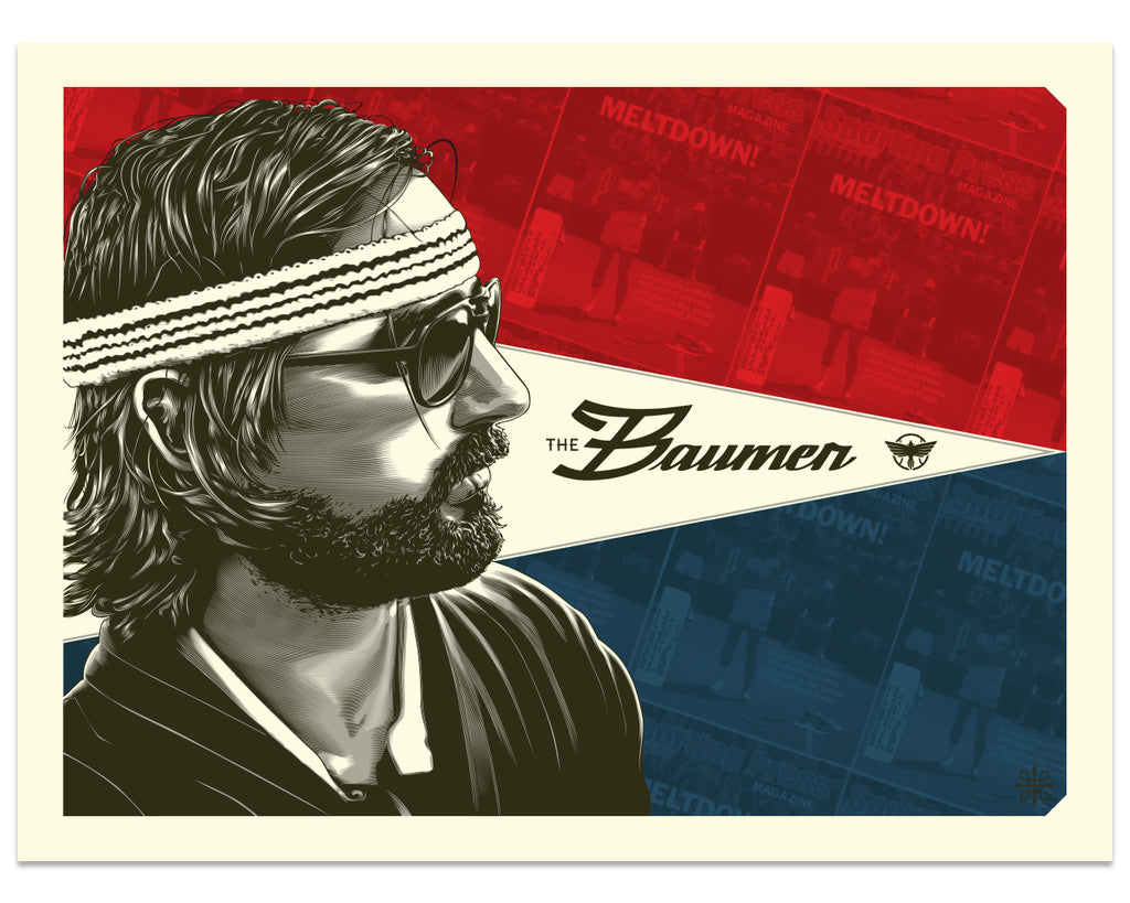 Jeff Boyes - Richie Tenenbaum portrait with headband, text "The Baumer" with blue and red background
