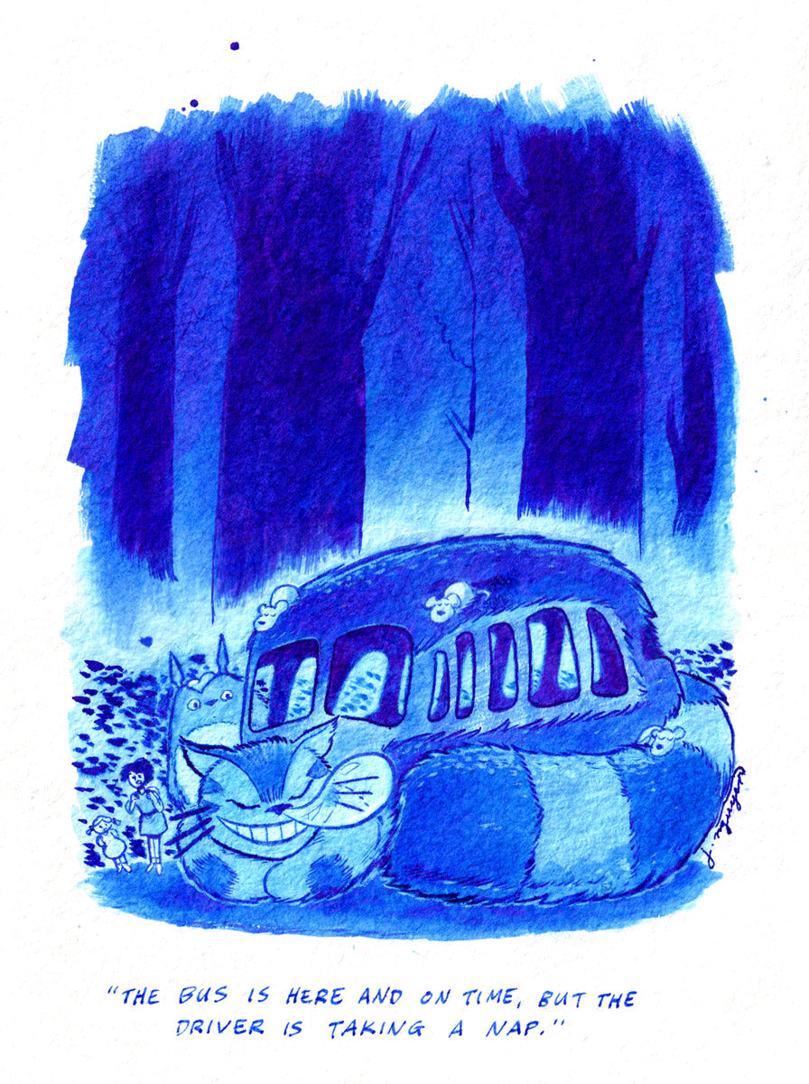 A blue-toned Spoke Art illustration inspired by My Neighbor Totoro features a smiling, cat-shaped bus napping in the forest as two people and small animals wait. Caption: “The bus is here and on time, but the driver is taking a nap.”.