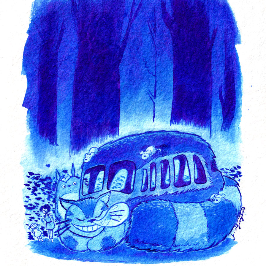 A blue-toned Spoke Art illustration inspired by My Neighbor Totoro features a smiling, cat-shaped bus napping in the forest as two people and small animals wait. Caption: “The bus is here and on time, but the driver is taking a nap.”.