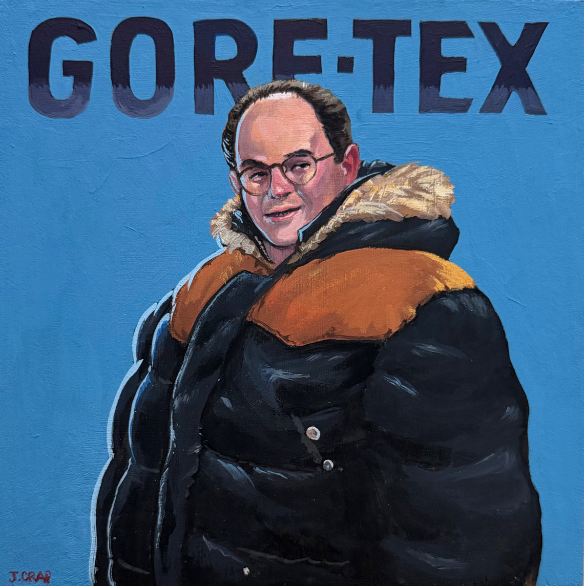 A man in glasses and a puffy winter coat stands before a blue background with "GORE-TEX" above him—Seinfeld-inspired artwork celebrating Spoke Art's 15th Anniversary.
