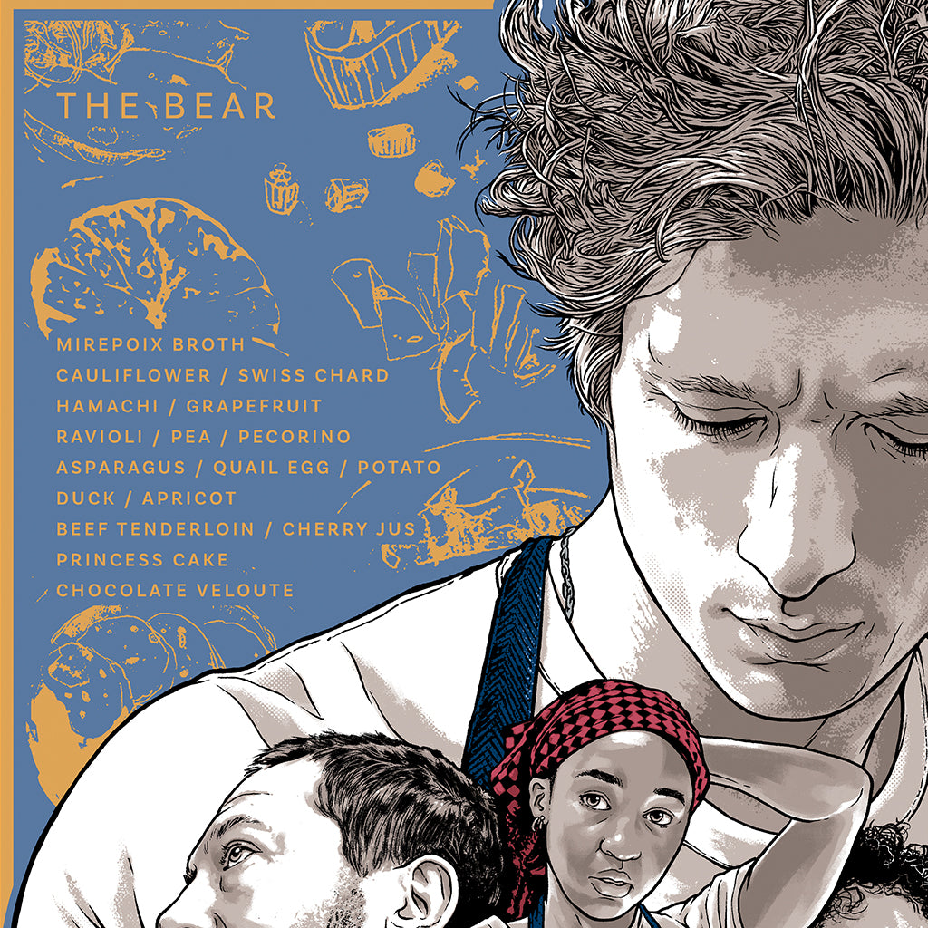 Stylized illustration of a man and child with restaurant-themed elements. Theres a list of menu items like mirepoix broth and chocolate veloute. In the background, kitchen-related sketches and the word THE BEAR are visible.