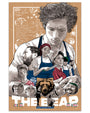 Joshua Budichs limited edition illustrated screen print poster for The Bear features a central chef in an apron, five smaller portraits, and a bear on a textured brown background. Its hand-signed by the cast, including actors names and the tagline Every Second Counts.