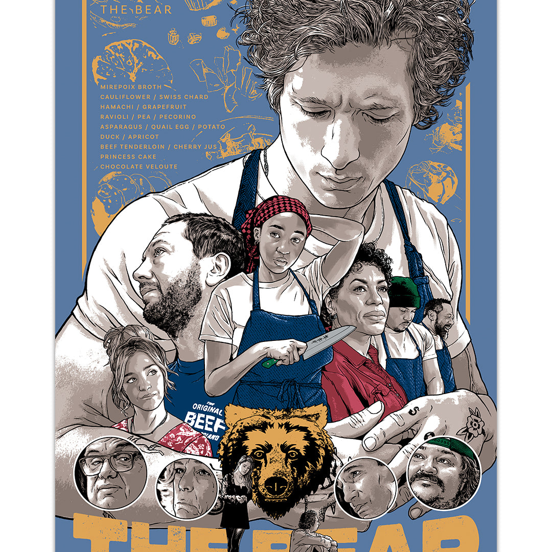 Illustrated screen print poster by Joshua Budich for The Bear showcasing a chef in an apron, surrounded by characters and a bear illustration beneath. Features close-ups within circles, plus hand-signed elements in blue and gold, creating a unique limited edition artwork.