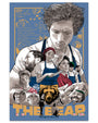 Illustrated screen print poster by Joshua Budich for The Bear showcasing a chef in an apron, surrounded by characters and a bear illustration beneath. Features close-ups within circles, plus hand-signed elements in blue and gold, creating a unique limited edition artwork.