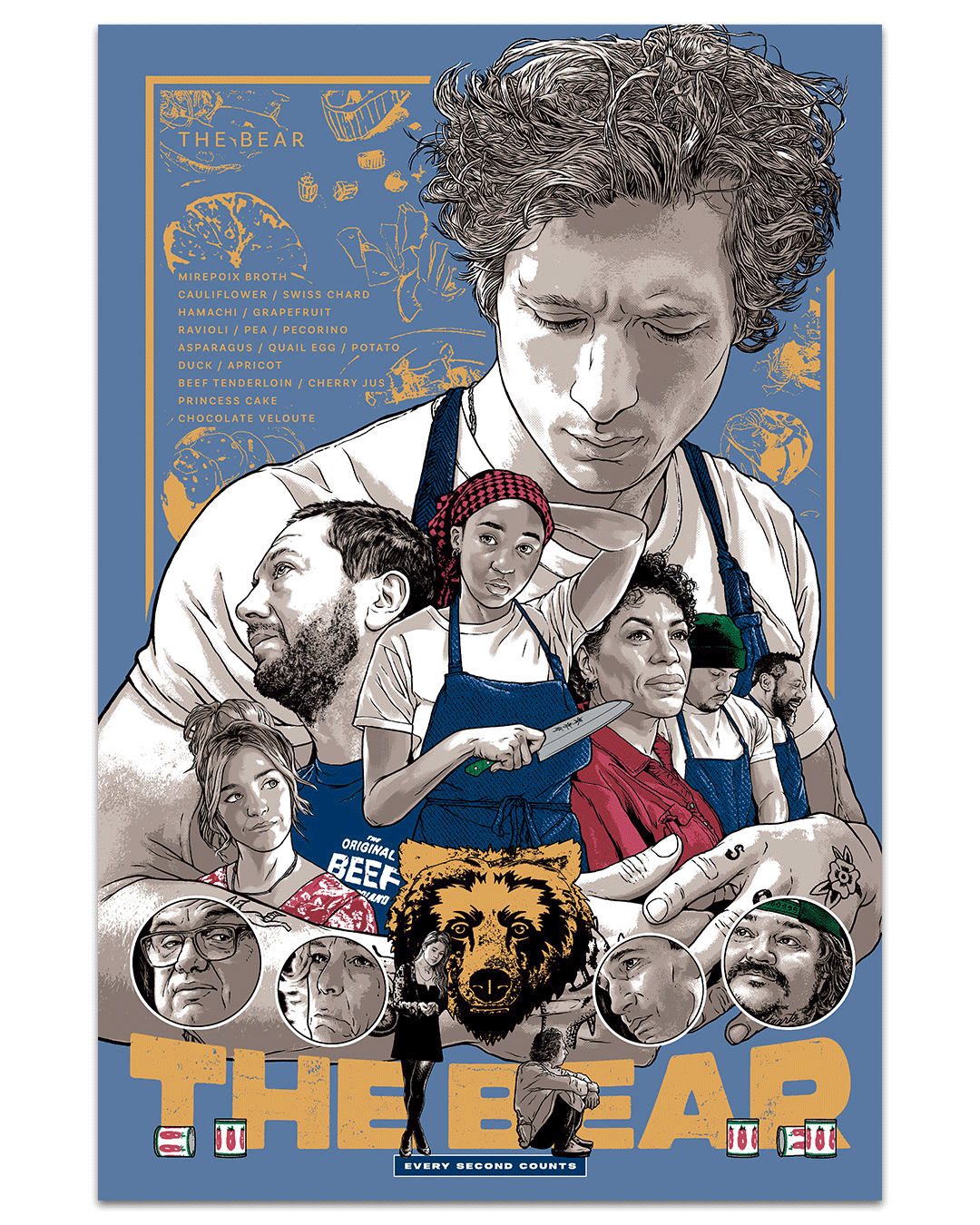 This limited edition screen print by Joshua Budich for The Bear showcases a central figure with a knife, surrounded by portraits, a bear below, and kitchen-themed graphics. Blue and gold tones dominate the design. Hand-signed, it adds a personal touch to the artwork.