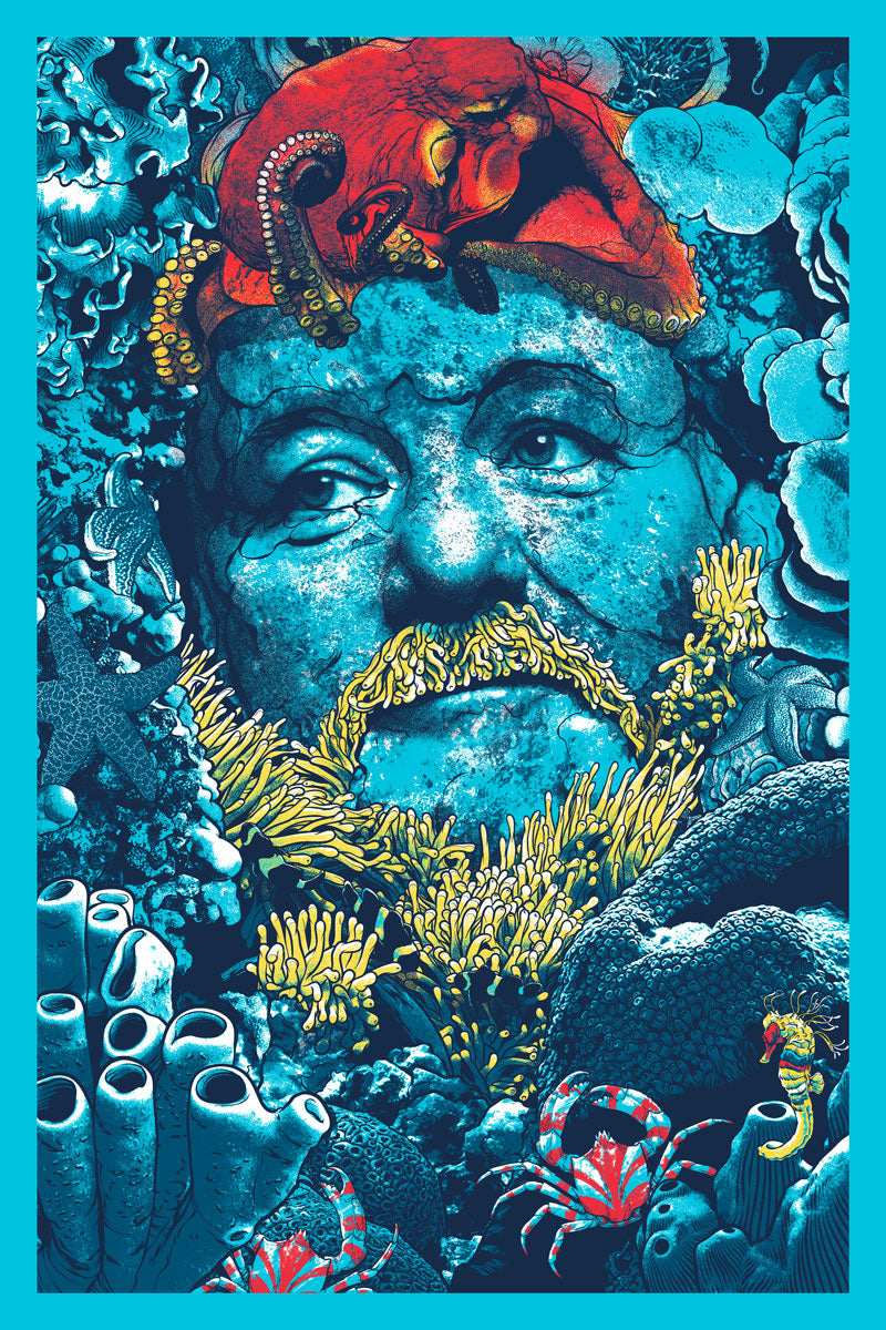 Artistic underwater scene with a face, coral, and marine life.