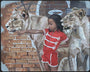 painting in an open face Moleskine notebook depicting a small child wearing a red marching band outfit, pointing while surrounded by two lions against a brick exterior by artist Kevin Peterson