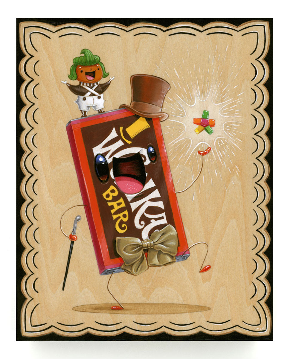 For Spoke Art's 15th Anniversary Show, Cuddly Rigor Mortis created a whimsical drawing of a smiling Wonka Bar with arms and legs, an Oompa Loompa on top, colorful candy floating nearby, and a light wood background with scalloped edges.