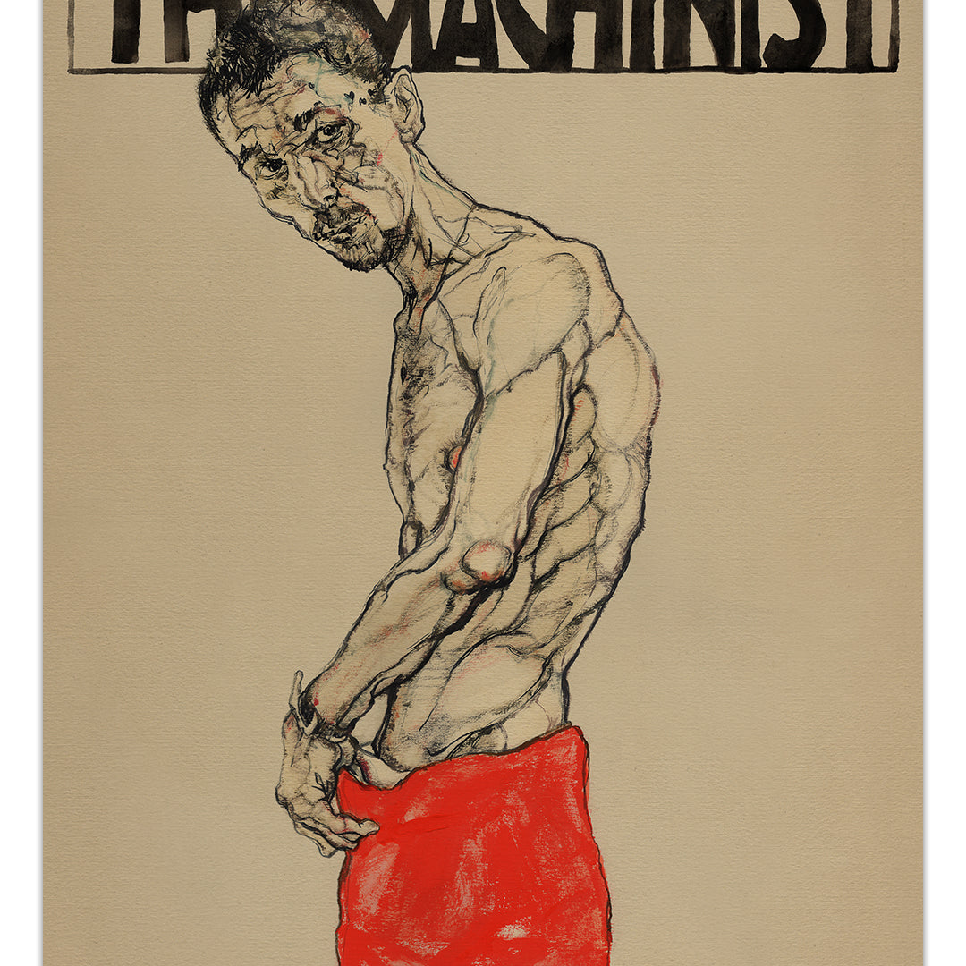 An archival pigment print shows a gaunt, topless man with pronounced ribs and red pants on a beige background, slightly turned right with a pensive look. The bold title The Machinist tops the illustration, in the style of Krzysztof Domaradzki.