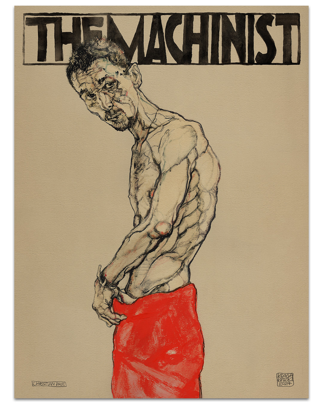An archival pigment print shows a gaunt, topless man with pronounced ribs and red pants on a beige background, slightly turned right with a pensive look. The bold title The Machinist tops the illustration, in the style of Krzysztof Domaradzki.
