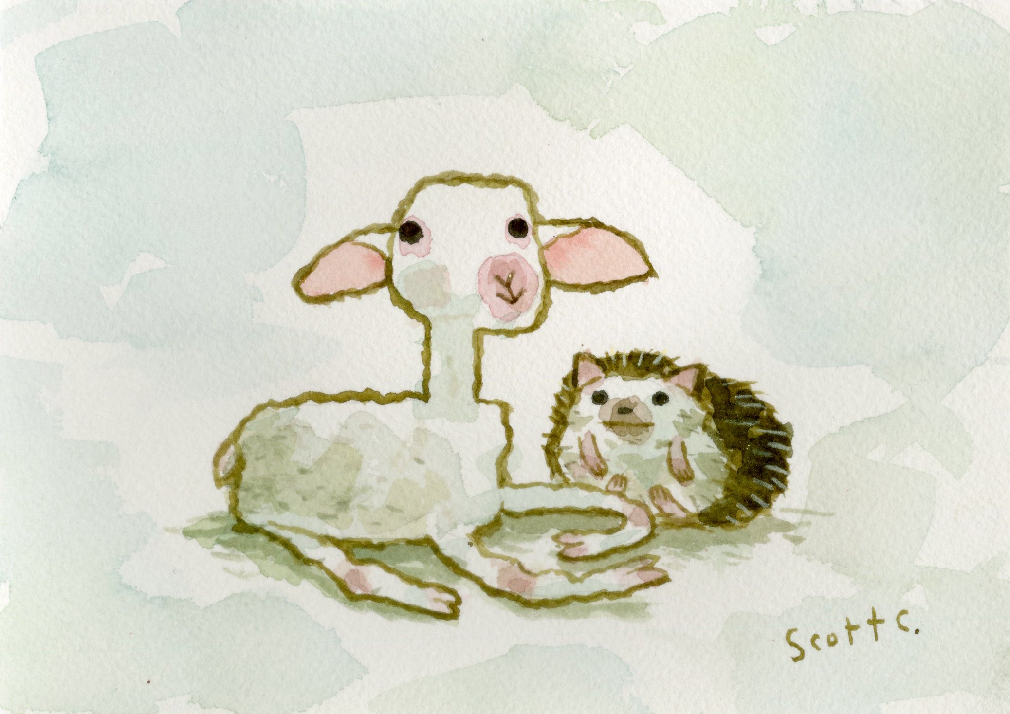 A whimsical watercolor by Scott C. shows a lamb with pink-accented ears and a cute, spiky baby hedgehog sitting together on a softly textured background.